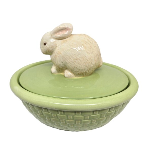 Hallmark Bunny Ceramic Trinket Bowl on a Green Basket - Picture 1 of 8